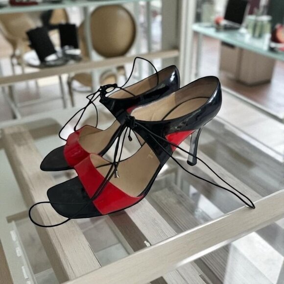 CHANEL Vintage Red Black Patent Leather Laceup Sandals Heels Size 37 - Picture 1 of 10